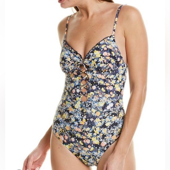 Red Carter Lace Up Maillot Floral Print One Piece Swimsuit Size Small - Picture 2 of 12
